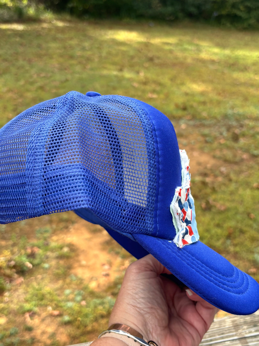 Blue Grandmas Garden Quilt Patch Trucker Hat