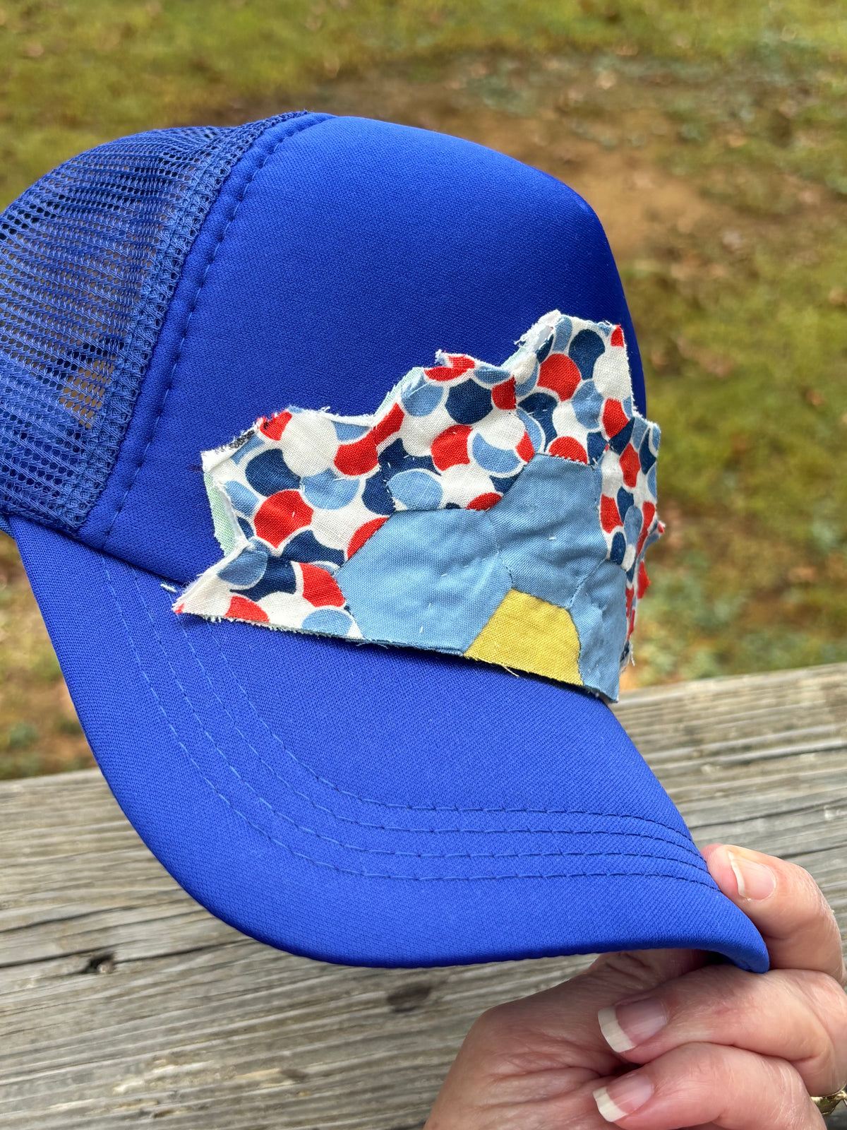 Blue Grandmas Garden Quilt Patch Trucker Hat